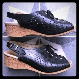 Worishofer Black Leather Lace Up Slingback Wedges